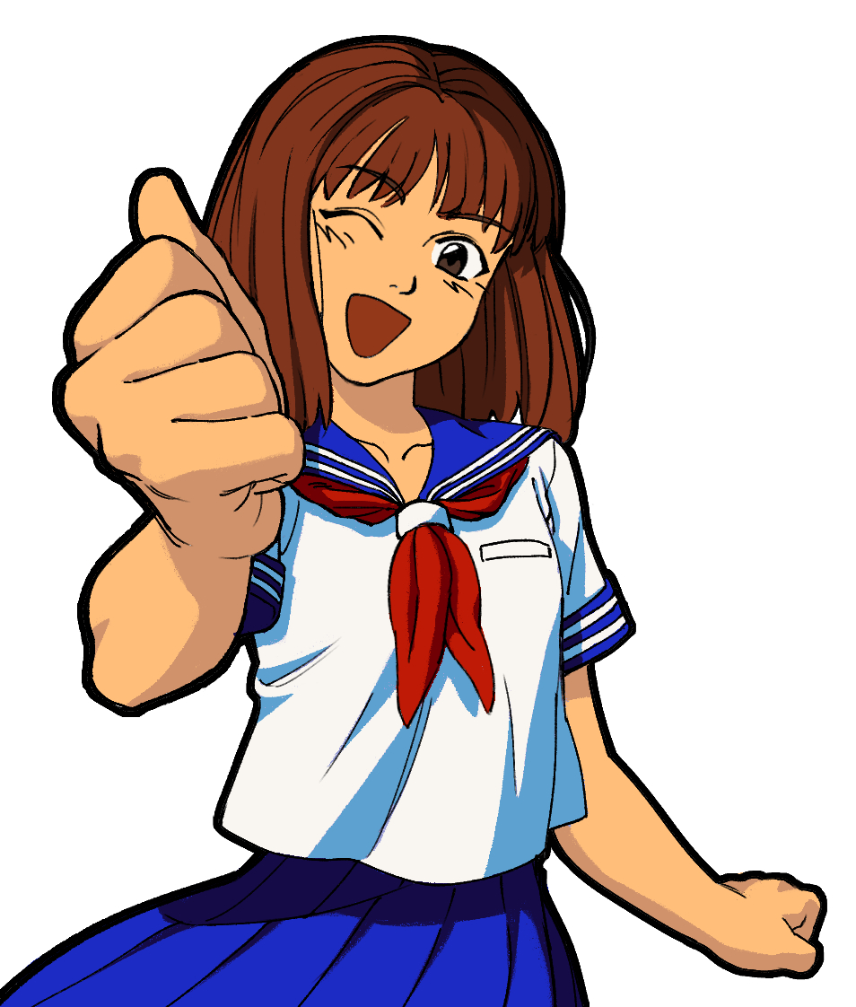 1girl, ;d, black_outline, blue_sailor_collar, blue_skirt, breast_pocket, brown_eyes, brown_hair