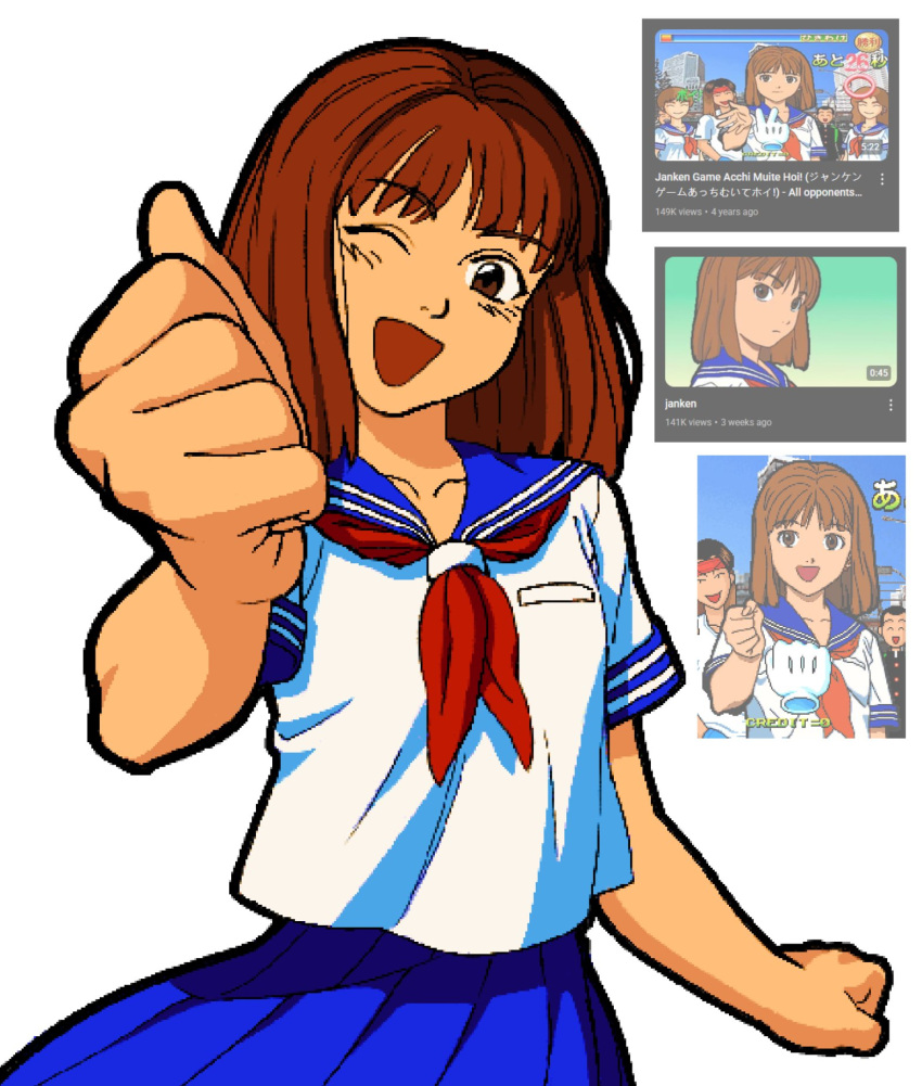 1girl, ;d, black_outline, blue_sailor_collar, blue_skirt, breast_pocket, brown_eyes, brown_hair