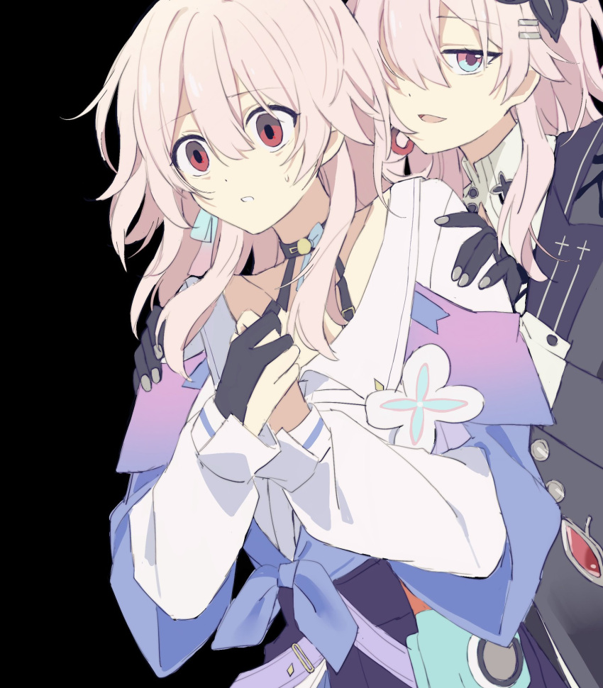 2girls, black_background, black_choker, black_dress, black_gloves, blue_eyes, bra_strap, camera, choker, dress, dual_persona, earrings, evernight_(honkai:_star_rail), floral_print, gem, gloves, hair_between_eyes, hair_ornament, hairclip, highres, honkai:_star_rail, honkai_(series), jacket, jewelry, ki_ii37, march_7th_(honkai:_star_rail), march_7th_(preservation)_(honkai:_star_rail), medium_hair, multicolored_eyes, multicolored_jacket, multiple_girls, off-shoulder_jacket, off_shoulder, official_alternate_eye_color, parallel_hairclips, pink_eyes, pink_hair, red_eyes, red_gemstone, single_earring, sweatdrop, two-tone_eyes, two-tone_jacket