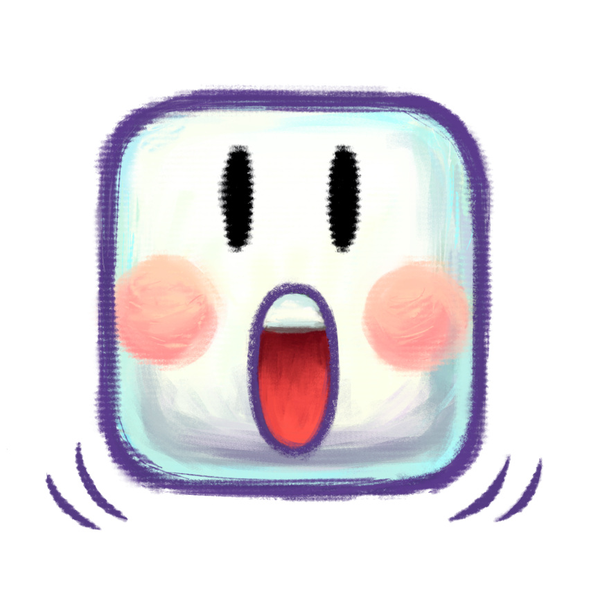 blush_stickers, harada_masamichi, highres, message_block_(yoshi's_island), motion_lines, no_humans, official_art, open_mouth