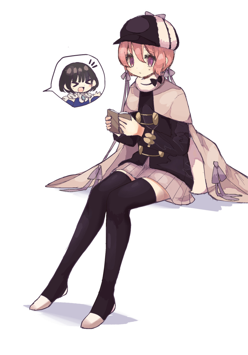 >_<, black_bow, black_bowtie, black_hair, black_thighhighs, book, bow, bowtie