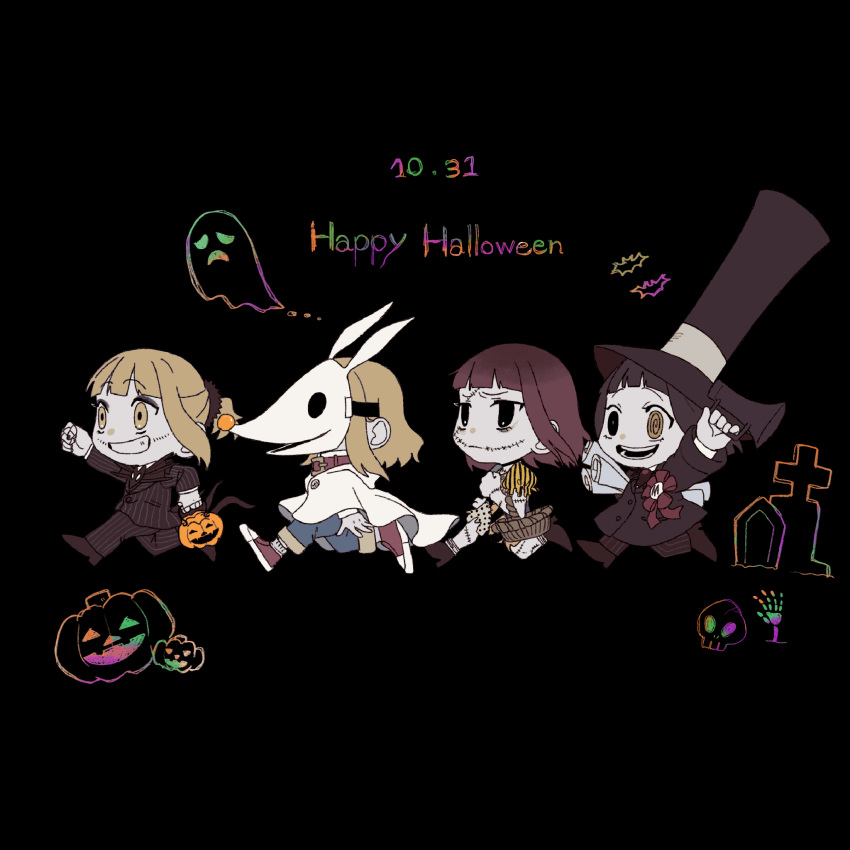 3girls, chibi, donutshole13, genderswap, halloween, highres, holding, jack_skellington