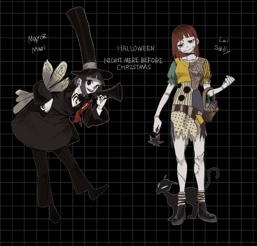 2girls, character_request, colored_skin, donutshole13, dress, hat, highres, jacket