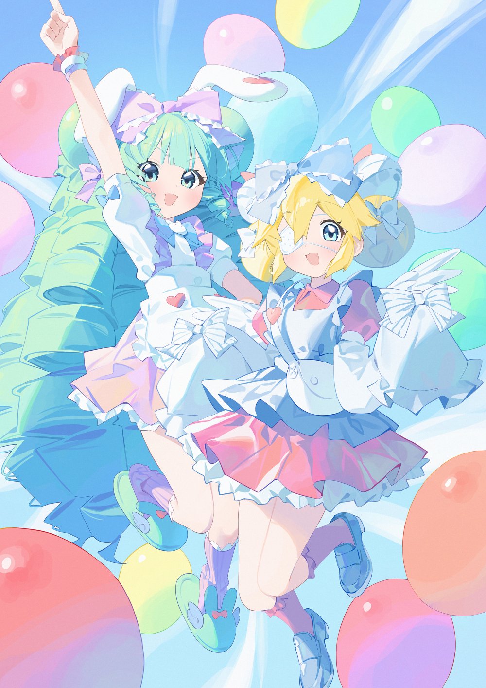 2girls, angel_wings, animal_ears, animal_slippers, apron, aqua_eyes, aqua_hair, aqua_slippers