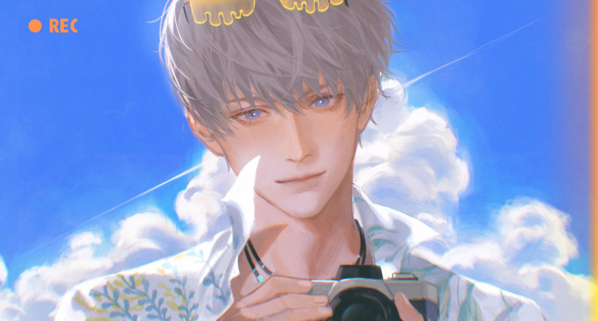 1boy, blue_eyes, blue_sky, camera, closed_mouth, clouds, eyewear_on_head, grey_hair