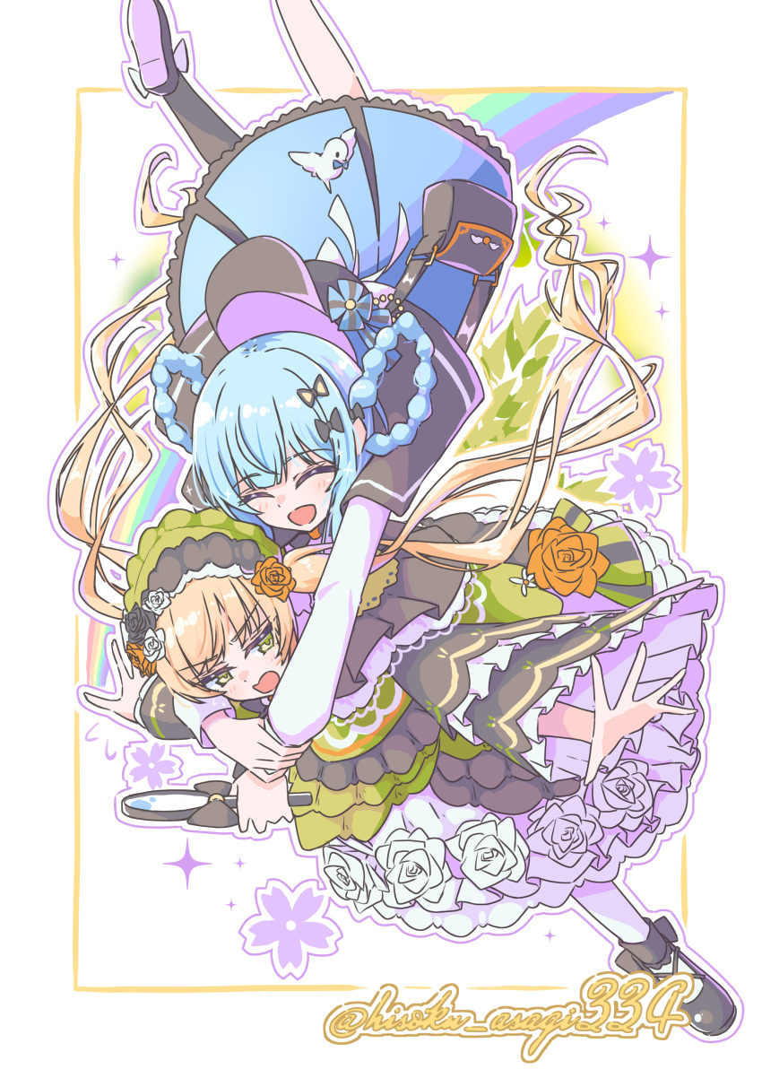 2girls, absurdres, asymmetrical_legwear, bird, black_capelet, black_flower, black_pantyhose, black_rose