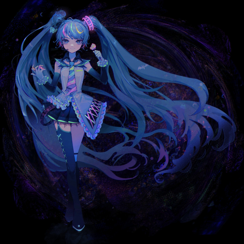 1girl, absurdres, asymmetrical_legwear, asymmetrical_shirt, black_background, blue_eyes, candy, detached_sleeves