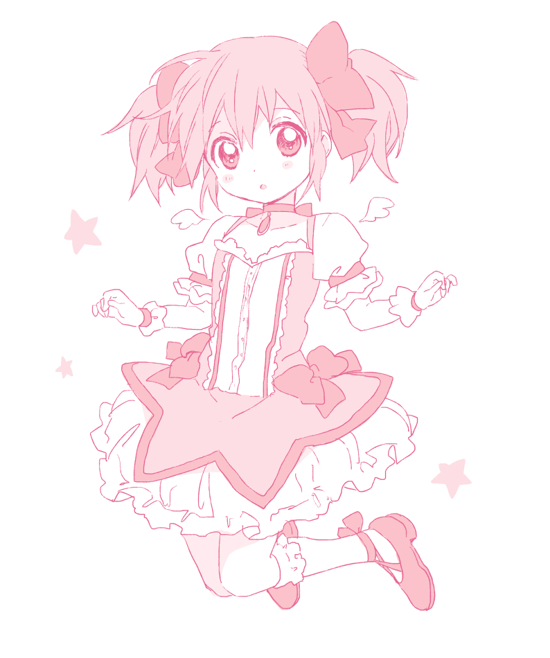 :o, angel_wings, blush, bow, choker, frills, gloves, hair_bow, kaname_madoka, magical_girl, mahou_shoujo_madoka_magica, mini_angel_wings, mini_wings, monochrome, namori, pink, pink_eyes, pink_hair, puffy_sleeves, shoes, solo, twintails, wings