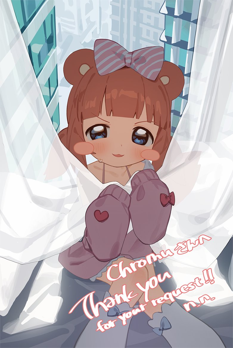 1girl, animal_ears, blue_bow, blue_eyes, blush_stickers, bow, chromu, commentary_request