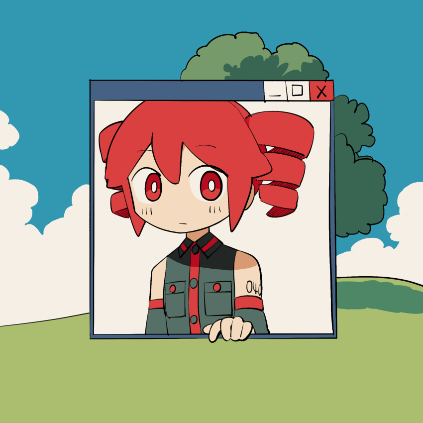 1girl, black_shirt, blue_sky, blush, closed_mouth, clouds, collared_shirt, commentary_request