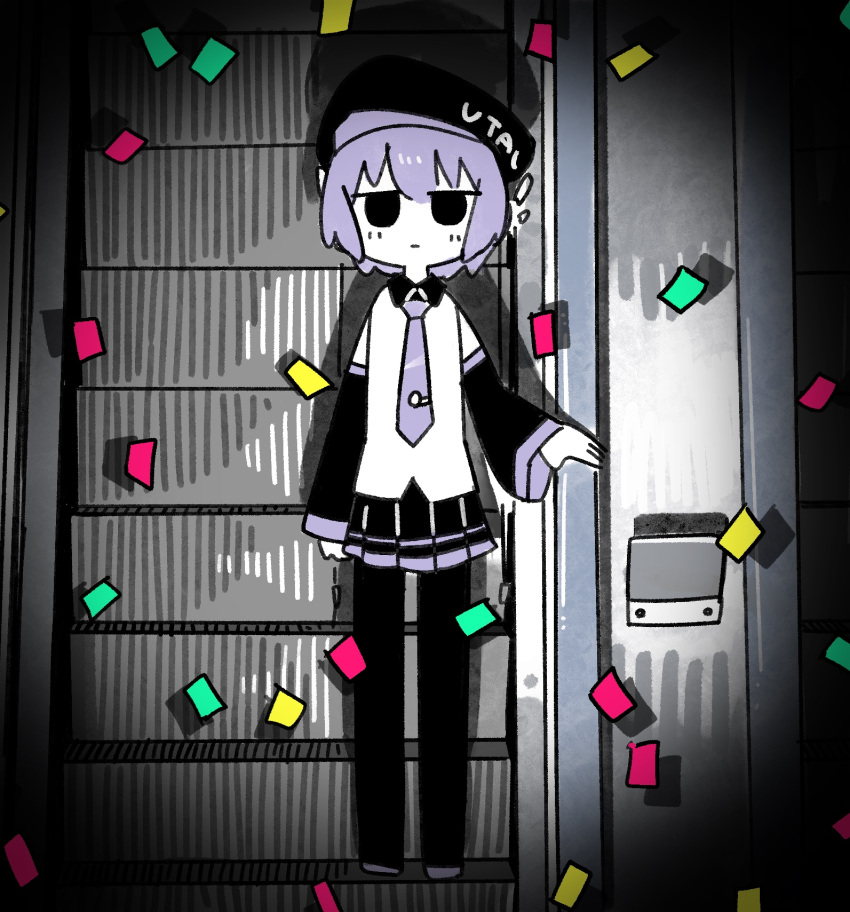 1girl, beret, black_eyes, black_skirt, boots, closed_mouth, collared_shirt, confetti