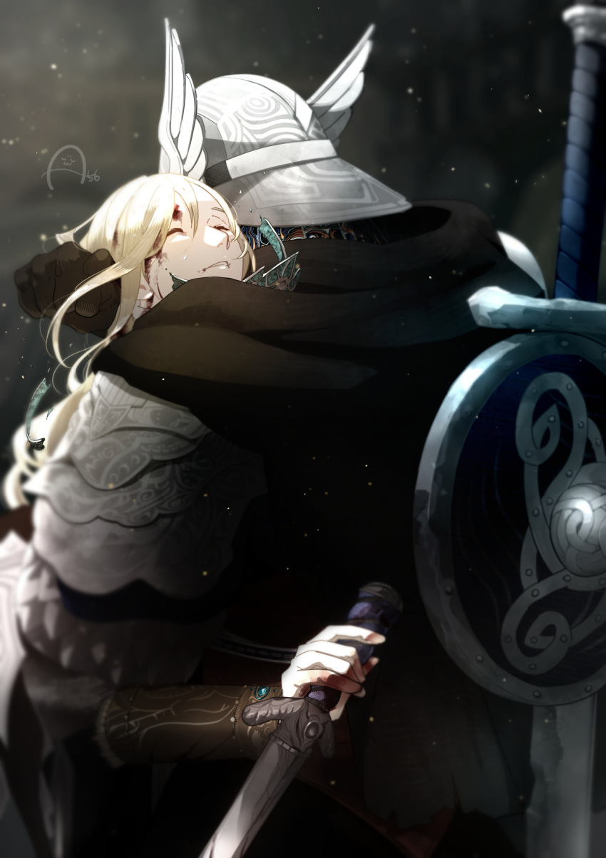 1boy, 1girl, armor, attack_azarashi, blonde_hair, blood, blood_on_face, blue_surcoat, bracer, brother_and_sister, cape, closed_eyes, commentary_request, dagger, duchess_(elden_ring), elden_ring, elden_ring_nightreign, greatsword, helmet, highres, holding, holding_dagger, holding_knife, holding_weapon, hug, knife, shield, shield_on_back, siblings, sidelocks, sword, weapon, winged_helmet, wylder_(elden_ring)