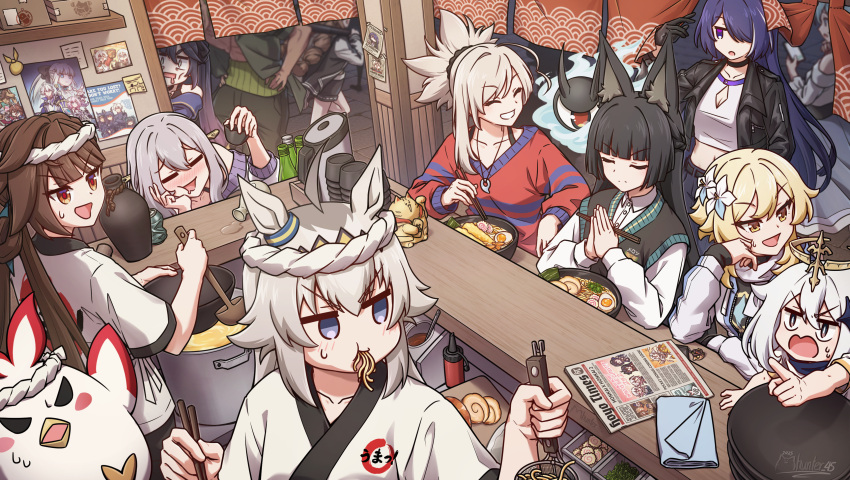 2025, 6+girls, absurdres, acheron_(honkai:_star_rail), alternate_costume, arknights, arthur_pendragon_(fate), arthur_pendragon_(fate)_(cosplay), character_request, chopsticks, copyright_request, cosplay, crossover, cuora_(arknights), cyrene_(honkai:_star_rail), english_commentary, evernight_(honkai:_star_rail), fate/grand_order, fate_(series), food, fou_(fate), fou_(fate)_(cosplay), genshin_impact, highres, holding, holding_chopsticks, honkai:_star_rail, honkai_(series), hoshimi_miyabi, lumine_(genshin_impact), march_7th_(honkai:_star_rail), march_7th_(preservation)_(honkai:_star_rail), mem_(honkai:_star_rail), merlin_(fate/prototype), merlin_(fate/prototype)_(cosplay), mhunter_45, mihoyo, miyamoto_musashi_(fate), mona_(genshin_impact), morgan_le_fay_(fate), multiple_crossover, multiple_girls, noodles, oguri_cap_(umamusume), paimon_(genshin_impact), phainon_(honkai:_star_rail), ramen, ramen_stand, red_hare_(fate), seele_(alter_ego), seele_vollerei, signature, tailless_(zenless_zone_zero), tokai_teio_(umamusume), umamusume, zenless_zone_zero