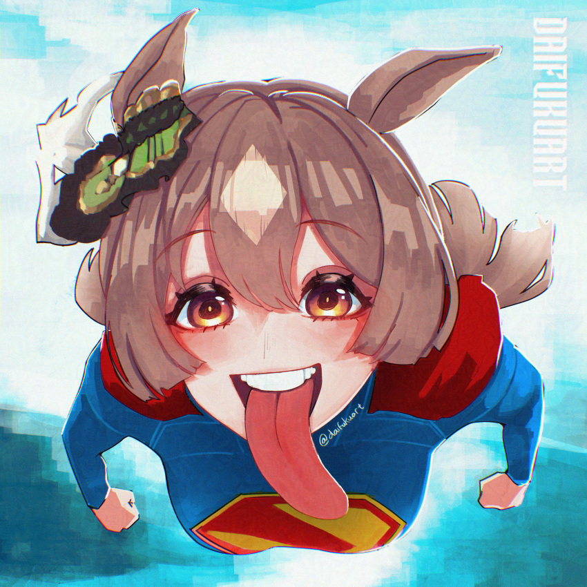 1girl, absurdres, animal_ears, blue_bodysuit, blush, bodysuit, brown_hair, cape