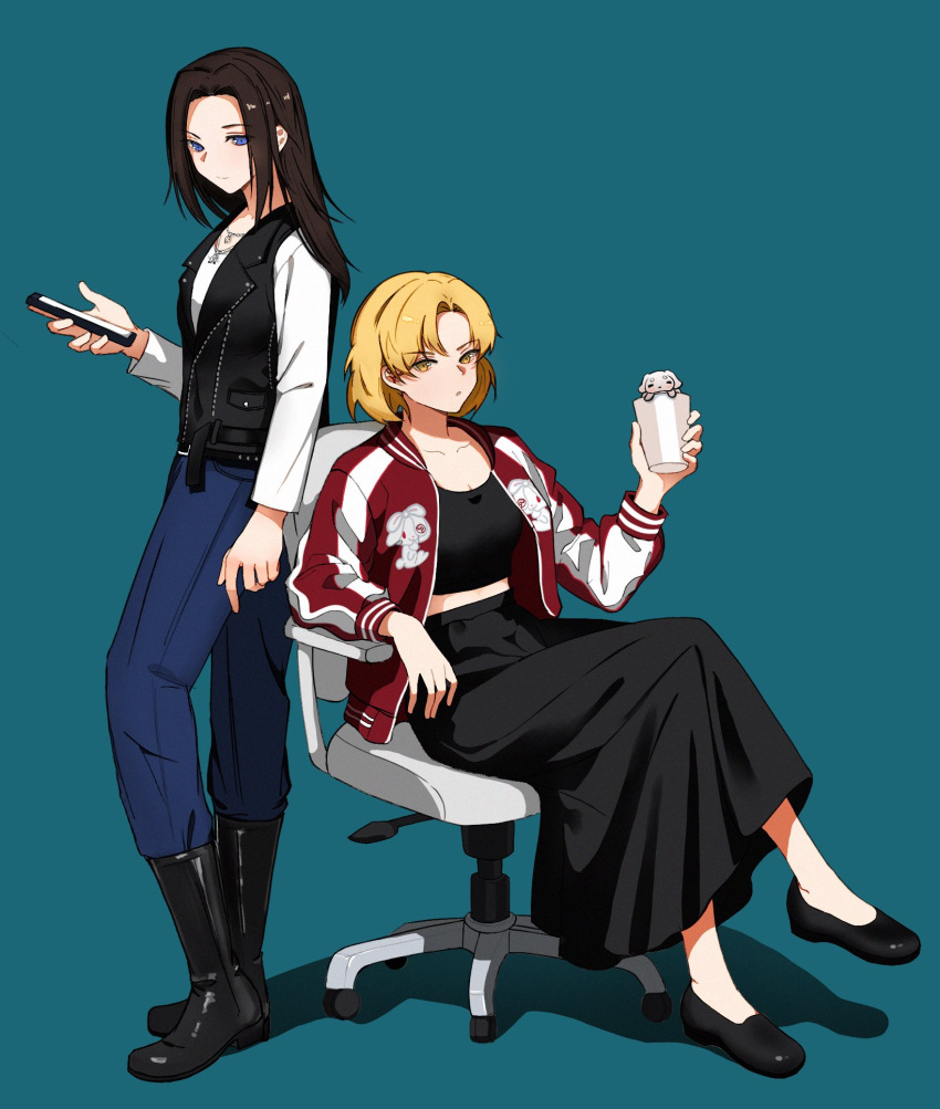 2girls, bang_dream!, black_hair, black_shoes, black_skirt, black_vest, blonde_hair, blue_background