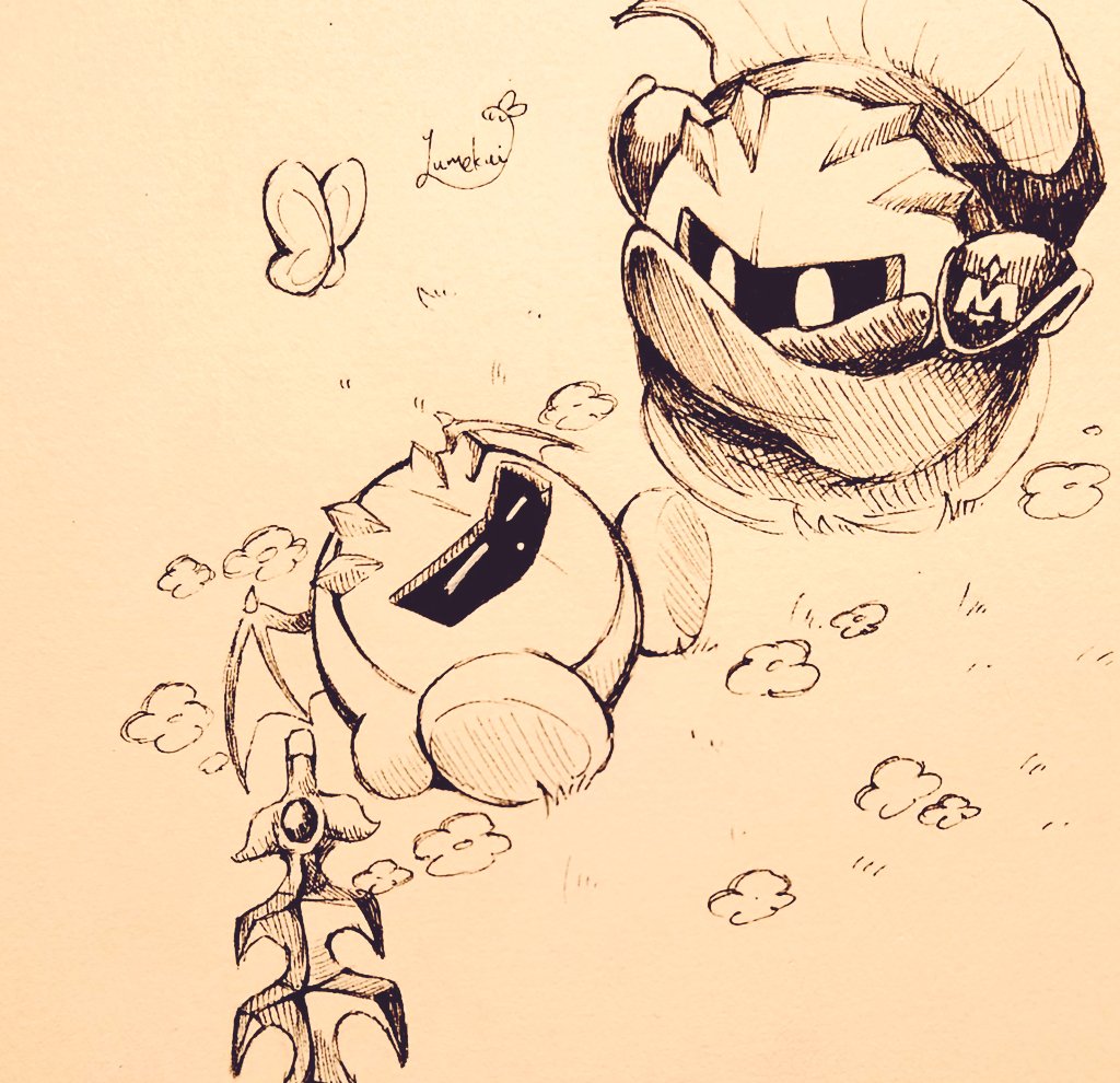 2boys, brown_background, brown_theme, bug, butterfly, closed_eyes, closed_mouth, copy_ability, flower, galaxia_(sword), kirby, kirby_(series), kirby_and_the_forgotten_land, looking_at_another, lying, mask, meta_knight, meta_knight_sword_kirby, morpho_knight_(butterfly), multiple_boys, on_back, petals, signature, sketch, sleeping, sword, sword_kirby, weapon, yumekui_mk