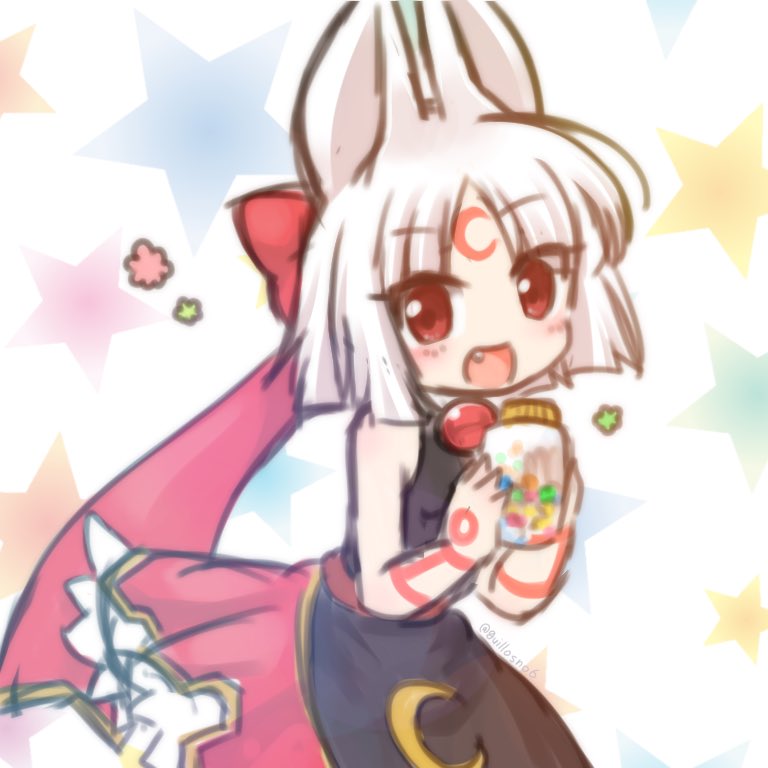 1girl, animal_ears, black_dress, body_markings, bottle, dress, emil_chronicle_online, facial_mark