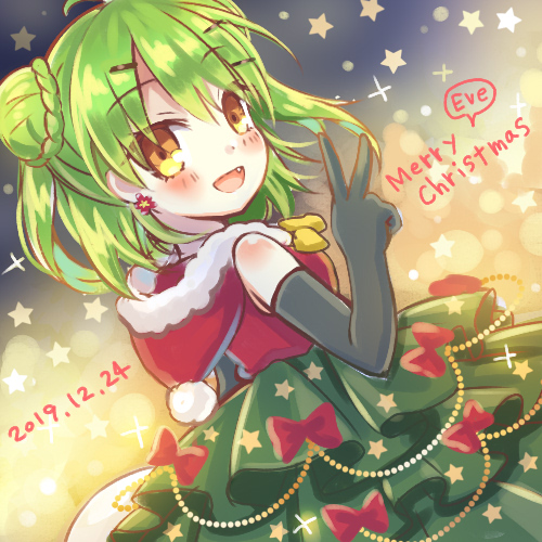 1girl, ahoge, black_gloves, christmas_tree_costume, dated, double_bun, dress, ear_piercing