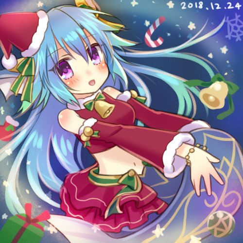 1girl, bell, blue_background, blue_hair, christmas, dated, detached_sleeves, emil_chronicle_online