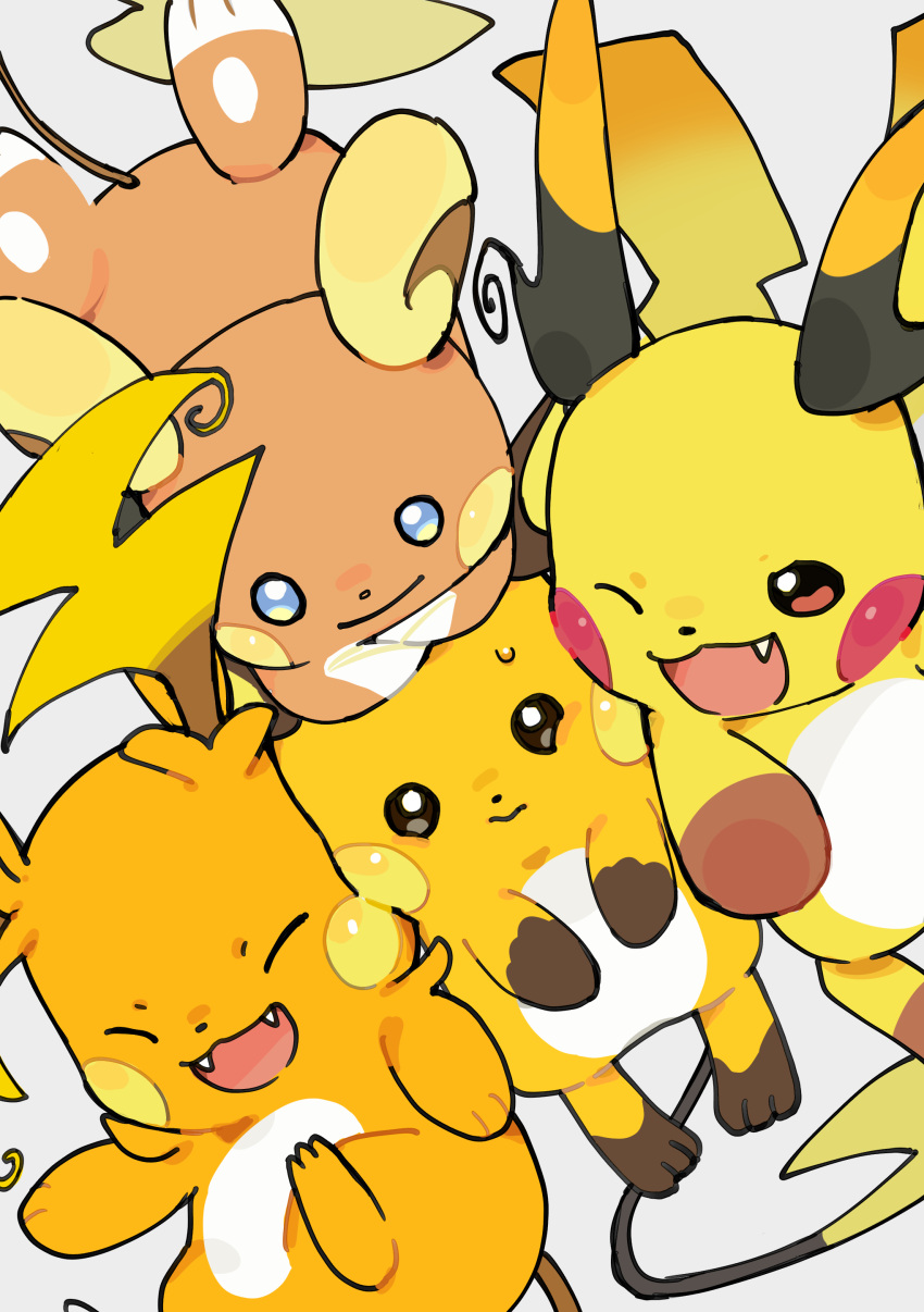 absurdres, alolan_raichu, blue_eyes, brown_eyes, cheek-to-cheek, cheek_squash, closed_eyes, commentary_request, creature, creature_focus, fangs, from_above, full_body, furukawa_raku, grey_background, heads_together, highres, mega_pokemon, mega_raichu_x, mega_raichu_y, no_humans, open_mouth, orange_fur, pokemon, pokemon_(creature), pokemon_focus, pokemon_legends:_z-a, raichu, smile, yellow_fur