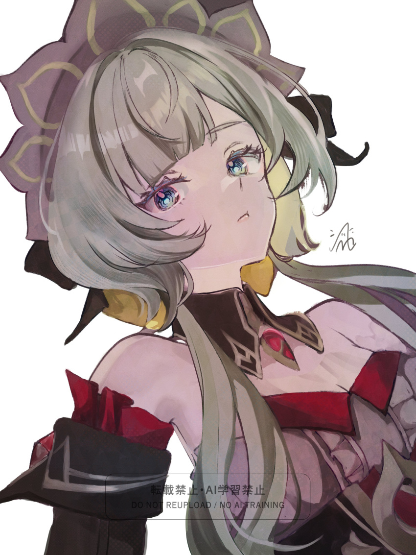 1girl, absurdres, bare_shoulders, black_collar, black_sleeves, blue_eyes, brown_hair, chicanaction, collar, detached_collar, detached_sleeves, genshin_impact, headdress, highres, looking_at_viewer, sandrone_(genshin_impact), short_hair_with_long_locks, simple_background, solo, upper_body, watermark, white_background, white_headdress