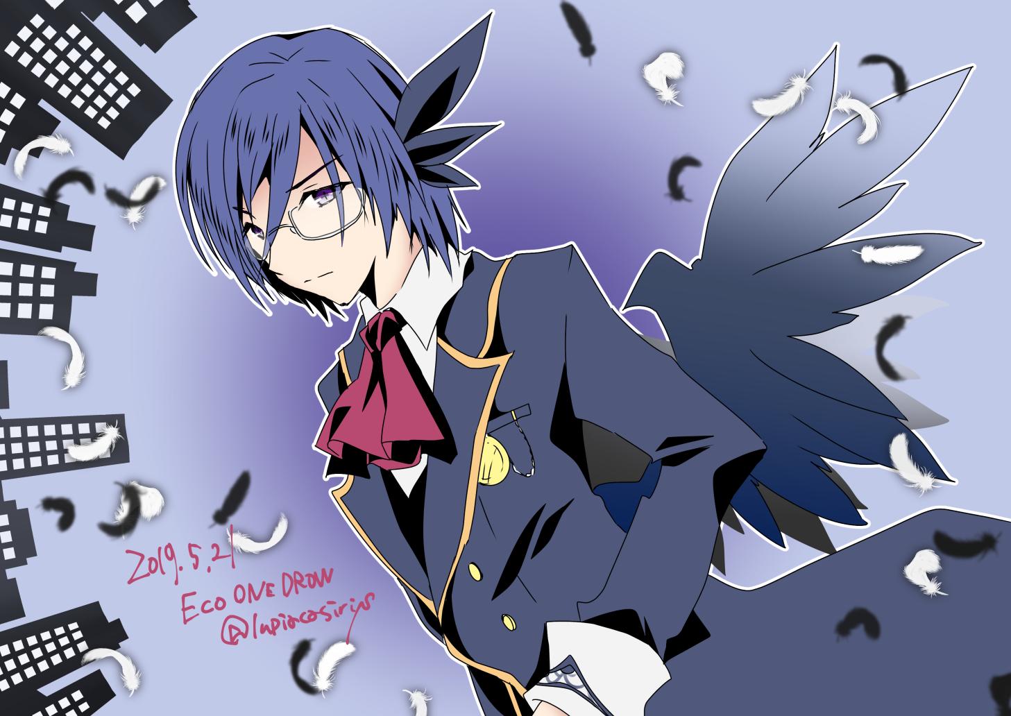 1boy, black_feathers, blue_hair, blue_jacket, blue_wings, bow, bowtie, dated