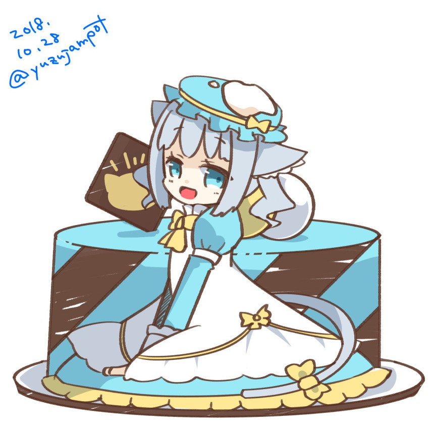 1girl, animal_ears, apron, blue_dress, blue_eyes, blue_hat, cat_ears, cat_girl