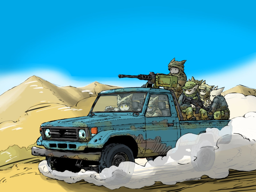 6+boys, ammunition_box, assault_rifle, browning_m2, cat_boy, desert, dust_cloud, gun