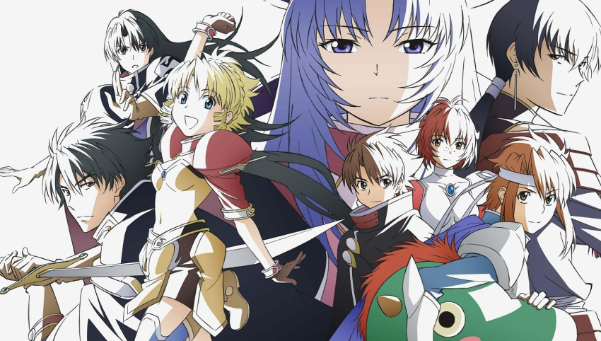 4boys, 4girls, :d, arm_up, armor, black_hair, blonde_hair, blue_eyes