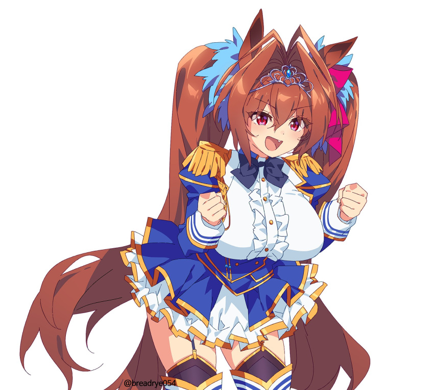 1girl, animal_ears, artist_name, black_bow, black_bowtie, bow, bowtie, breadrye, breasts, brown_hair, clenched_hands, daiwa_scarlet_(peak_blue)_(umamusume), daiwa_scarlet_(umamusume), fang, garter_straps, hands_up, highres, horse_ears, horse_girl, horse_tail, large_breasts, long_hair, open_mouth, red_eyes, simple_background, smile, solo, tail, tiara, twintails, twitter_username, umamusume, white_background