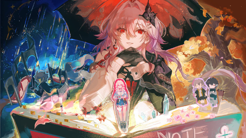 1girl, black_flower, black_gloves, black_umbrella, dan_heng_(honkai:_star_rail), dan_heng_(hunt)_(honkai:_star_rail), evernight_(honkai:_star_rail), flower, gloves, hair_between_eyes, hair_flower, hair_ornament, highres, honkai:_star_rail, honkai_(series), interlocked_fingers, komeokun, long_hair, looking_at_viewer, march_7th_(honkai:_star_rail), march_7th_(preservation)_(honkai:_star_rail), official_alternate_costume, official_alternate_eye_color, official_alternate_hair_length, official_alternate_hairstyle, parted_lips, pink_hair, red_eyes, single_bare_shoulder, smile, stelle_(honkai:_star_rail), trailblazer_(honkai:_star_rail), umbrella