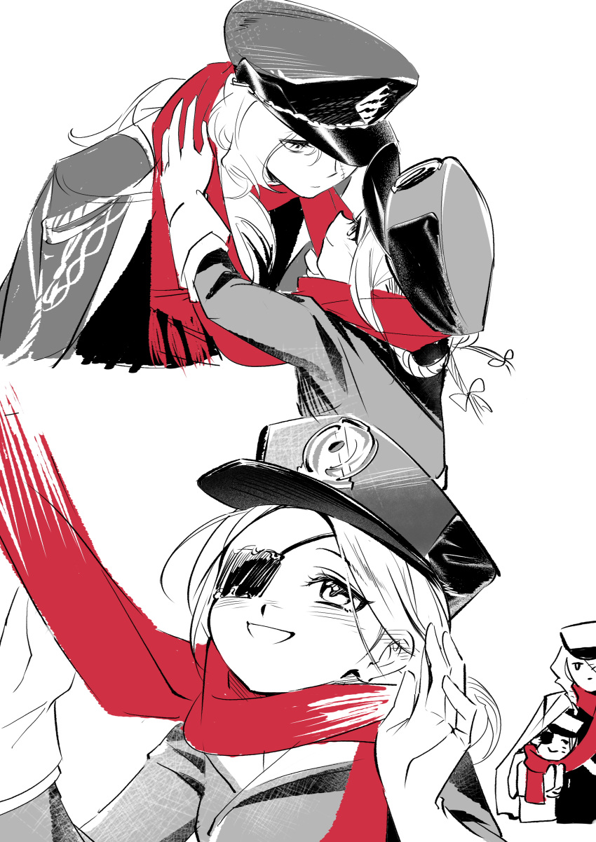 2girls, :d, absurdres, adjusting_scarf, aima_(reverse:1999), coat, corvus_(reverse:1999), eyepatch