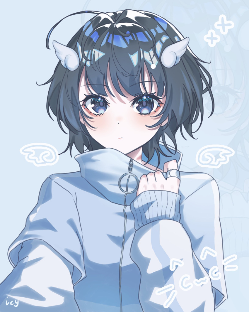 1girl, ahoge, bandaid, bandaid_on_finger, blue_background, blue_coat, blue_eyes, blue_theme