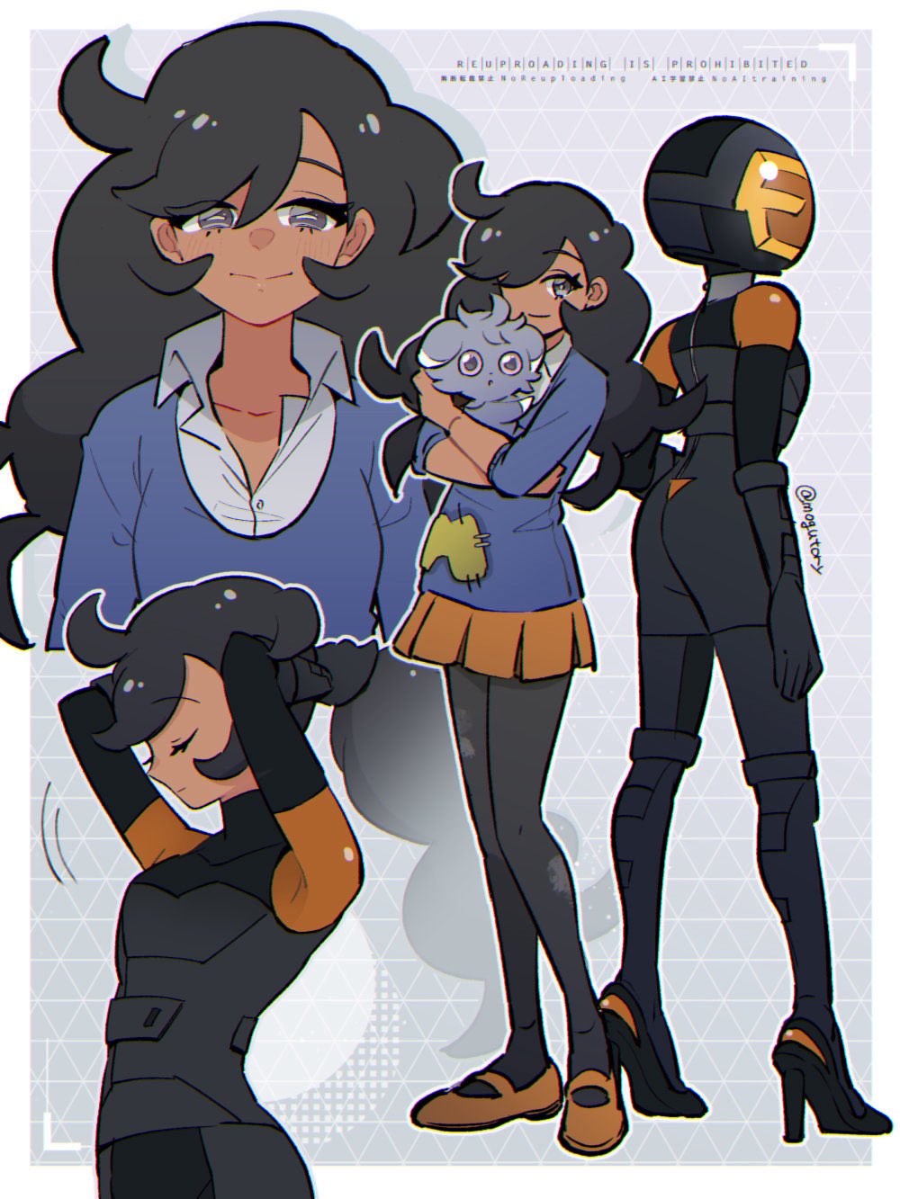 1girl, black_bodysuit, black_hair, black_pantyhose, blue_eyes, blue_sweater, bodysuit, breasts