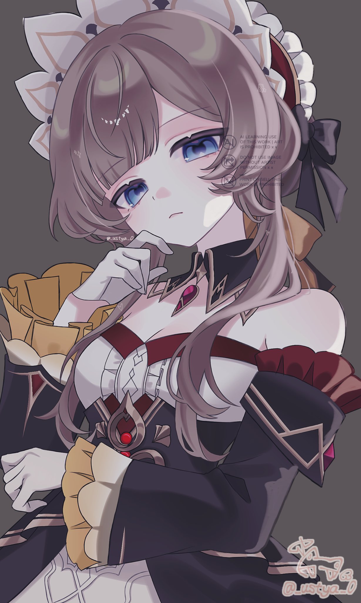 1girl, artist_name, bare_shoulders, black_collar, black_dress, black_sleeves, blue_eyes, brown_hair