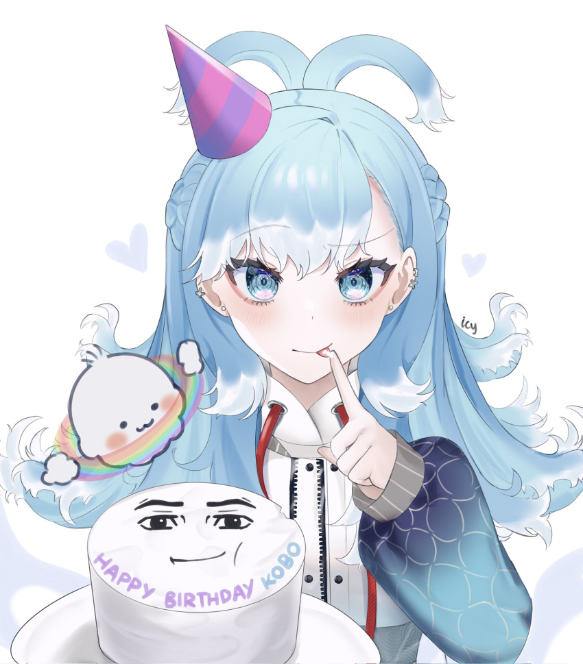 1girl, blue_eyes, blue_hair, blush, cake, closed_mouth, colored_tips, commentary