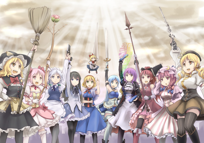 akemi_homura, alice_margatroid, arm_up, beret, black_hair, black_legwear, blonde_hair, blue_hair, book, boots, bow, braid, broom, brown_legwear, cloud, crossover, detached_sleeves, drill_hair, fingerless_gloves, gloves, gradient_hair, gun, hair_bow, hair_ornament, hairpin, hat, hijiri_byakuren, huge_weapon, izayoi_sakuya, kaname_madoka, kirisame_marisa, knife, kou_(haijindeath), long_hair, magical_girl, magical_musket, mahou_shoujo_madoka_magica, miki_sayaka, multicolored_hair, multiple_girls, pantyhose, patchouli_knowledge, pink_hair, pistol, pleated_skirt, polearm, puffy_sleeves, purple_eyes, purple_hair, ribbon, rifle, sakura_kyouko, shanghai, shanghai_doll, short_hair, skirt, sky, spear, staff, sunbeam, sunlight, sword, thigh-highs, thighhighs, throwing_knife, tomoe_mami, touhou, twin_braids, twin_drills, twintails, vertical-striped_legwear, vertical_stripes, violet_eyes, weapon, white_legwear, zettai_ryouiki