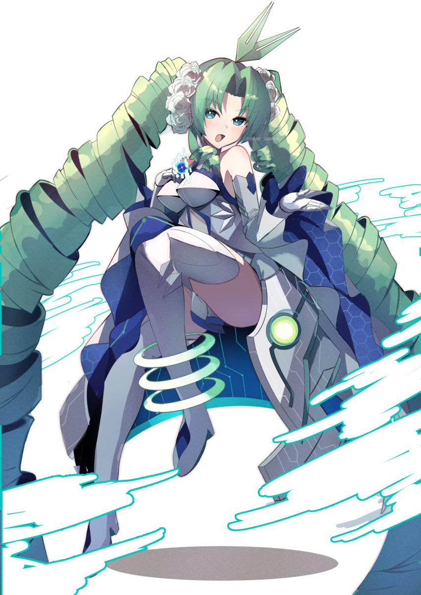1girl, antenna_hair, aqua_eyes, bare_shoulders, blue_dress, boots, breasts, dress, drill_hair, duel_masters, duel_masters_play's, elbow_gloves, emperor_kiriko_(duel_masters), energy_ring, flower, gloves, green_hair, hair_flower, hair_ornament, highres, kiriko_(duel_masters), koshian_(taiyaki), leotard, long_hair, multicolored_leotard, open_mouth, solo, thigh_boots, twin_drills, twitter_username, very_long_hair, white_background, white_boots, white_dress, white_gloves