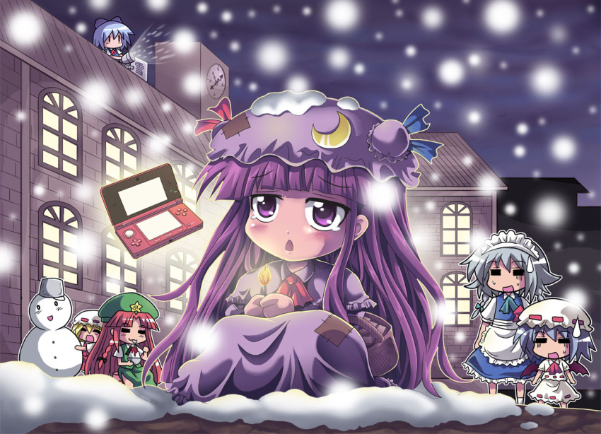 :3, =_=, basket, bat_wings, blonde_hair, blue_hair, braid, bucket, chibi, chinese_clothes, cirno, clock, colonel_aki, eating, flandre_scarlet, food, hat, hong_meiling, ice_cream, izayoi_sakuya, little_match_girl, maid, matches, multiple_girls, nintendo_3ds, patch, patchouli_knowledge, perfect_cherry_blossom, pun, purple_eyes, purple_hair, red_hair, redhead, remilia_scarlet, snow, snowing, snowman, sweatdrop, tears, touhou, twin_braids, violet_eyes, wings