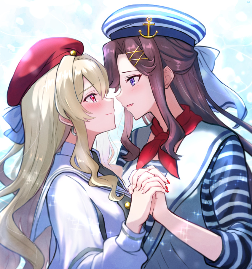 2girls, anchor_hat_ornament, beret, blonde_hair, blue_background, blue_bow, blue_shirt, blush