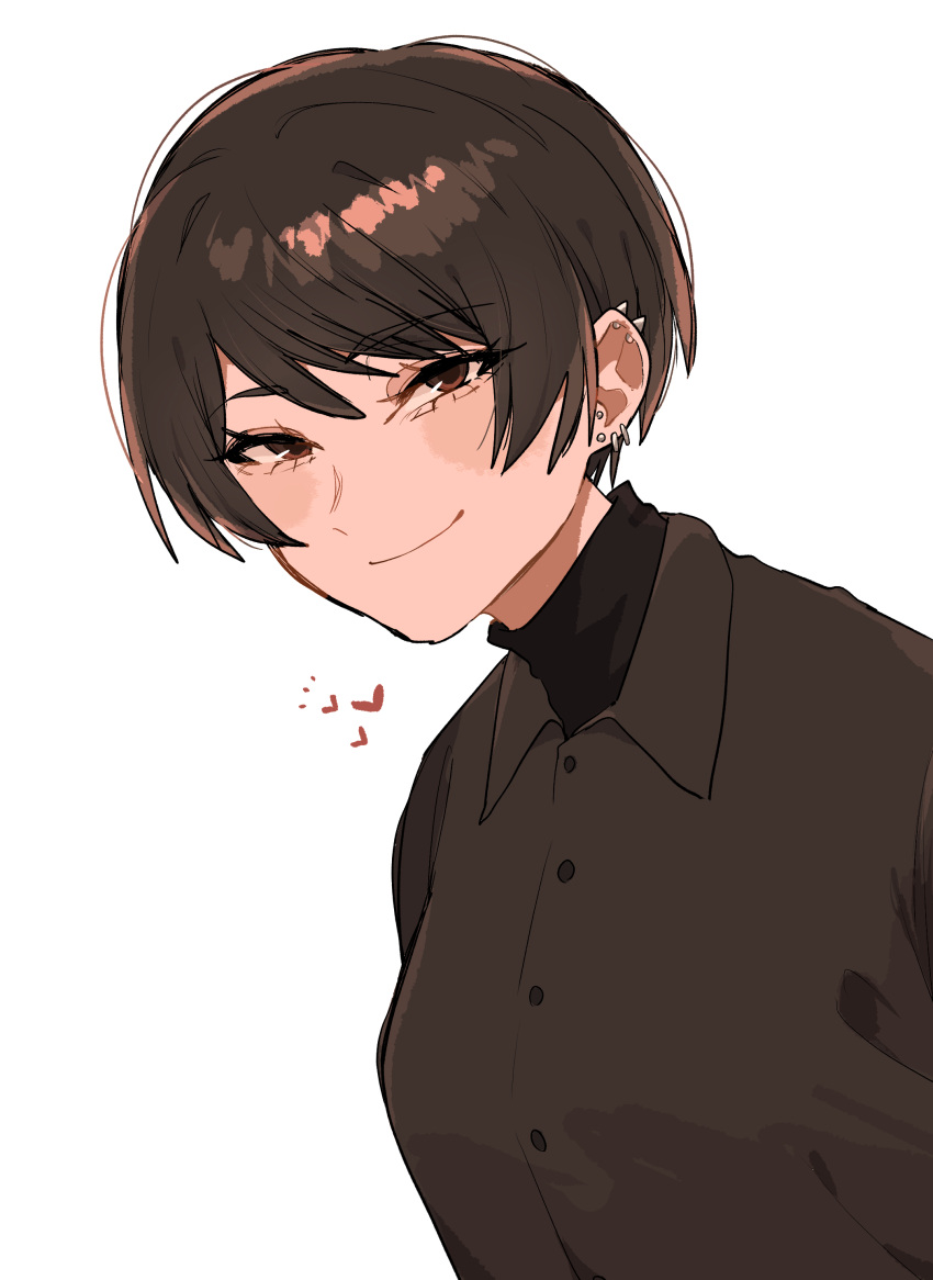 1girl, absurdres, brown_eyes, brown_hair, brown_jacket, commentary, ear_piercing, heart