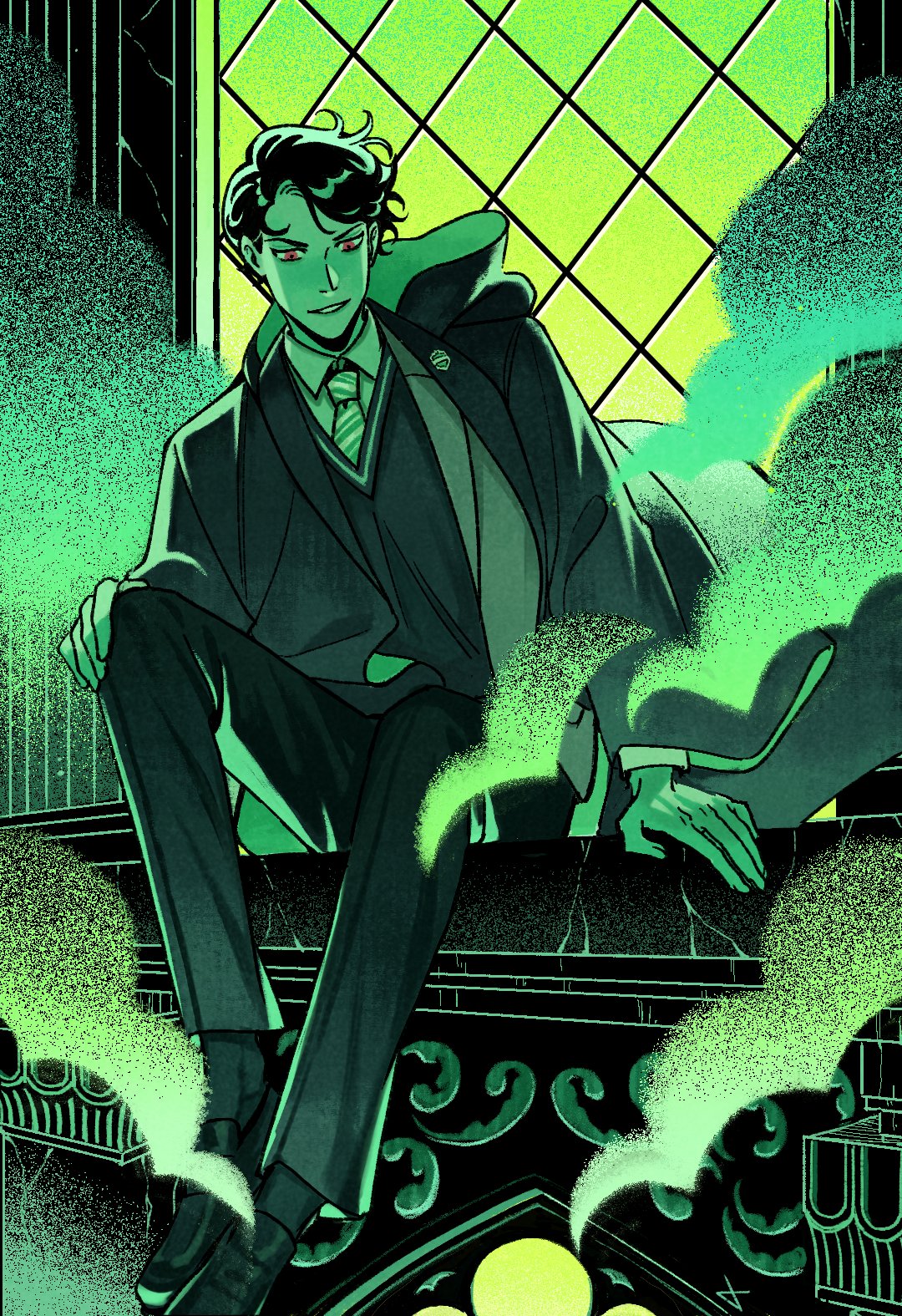 1boy, black_hair, green_background, harry_potter_(series), highres, hogwarts_school_uniform, looking_down, ma_o_kl, male_focus, pale_skin, red_eyes, school_uniform, sitting, smile, solo, tom_marvolo_riddle, wizarding_world