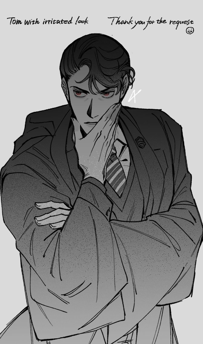 1boy, black_hair, greyscale, harry_potter_(series), hogwarts_school_uniform, looking_to_the_side, ma_o_kl, male_focus
