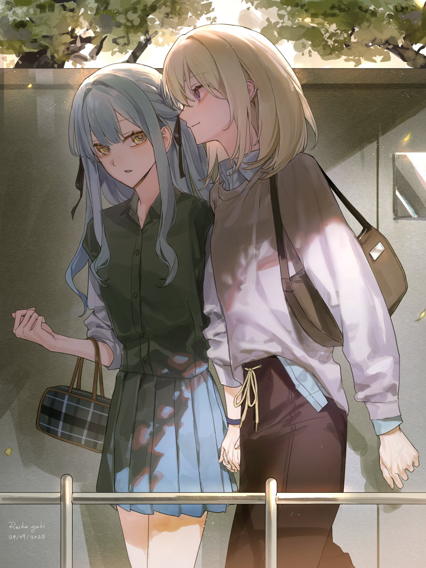 2girls, absurdres, bang_dream!, bang_dream!_it's_mygo!!!!!, blonde_hair, blue_hair, blue_shirt, blue_skirt