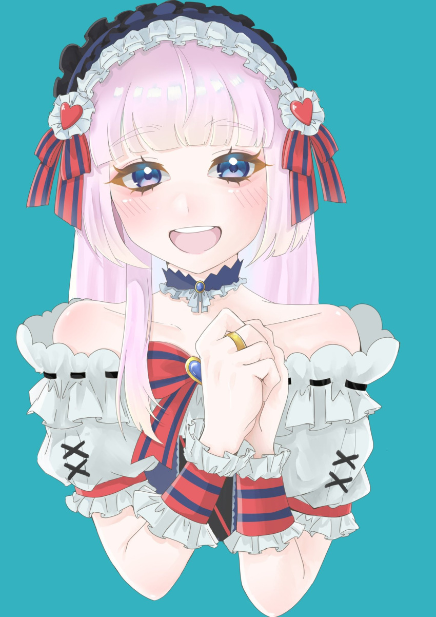 1girl, aqua_background, assault_lily, bare_shoulders, black_hairband, blue_collar, blue_eyes, blunt_bangs