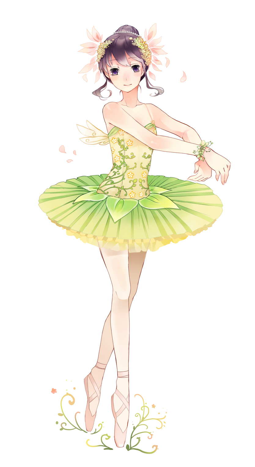 ballerina, ballet, ballet_slippers, bare_shoulders, black_hair, blue_eyes, flower, hair_flower, hair_ornament, headdress, highres, long_hair, original, shoe_ribbon, skirt, smile, solo, tensui_(yumemoyou), tiptoes, tutu