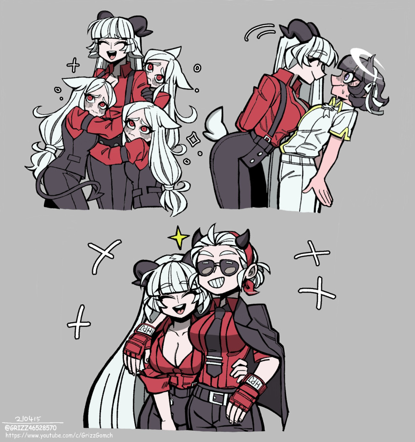angel, animal_ears, arm_around_shoulder, azazel_(helltaker), baphomet_(grizz), black_horns, blind, blush
