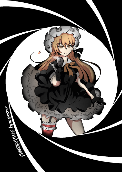 1girl, aiming, aiming_at_viewer, asymmetrical_legwear, black_gloves, blonde_hair, brown_eyes, collared_dress