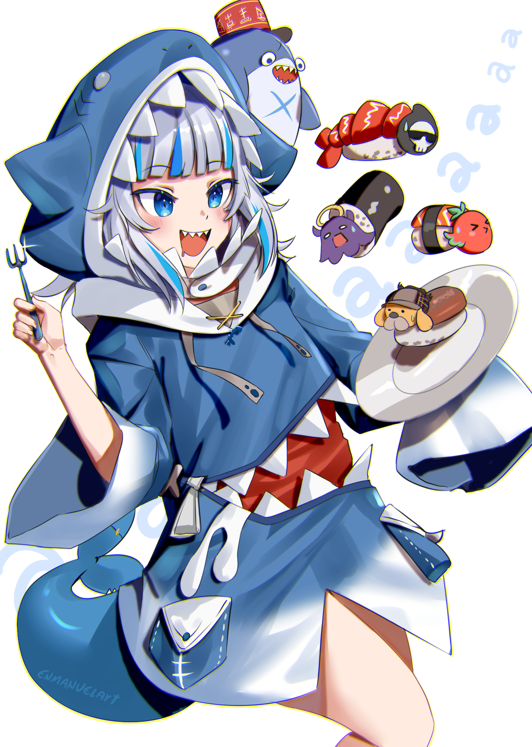 1girl, animal_costume, animal_hood, artist_name, blue_eyes, blue_hair, blue_hoodie, blue_tail