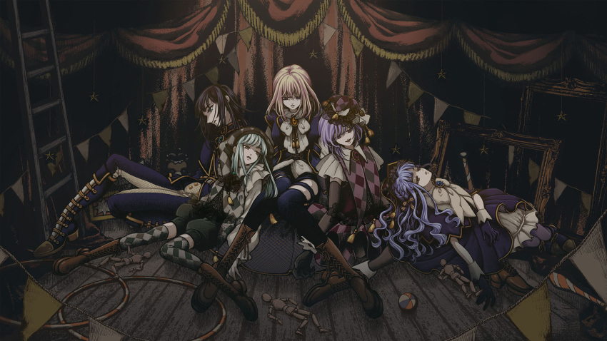 5girls, amoris_(bang_dream!), ave_mujica_(bang_dream!), ball, bang_dream!, bang_dream!_it's_mygo!!!!!, black_boots, black_gloves